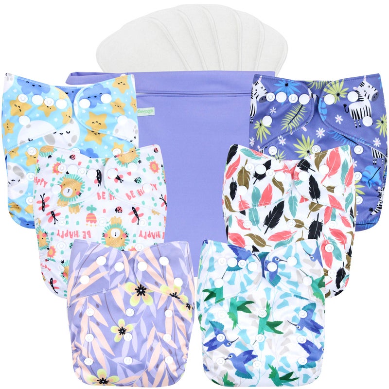 wegreeco Cloth Diapers 6 Pack with 6 Inserts 1 Wet Bag Washable Cloth Diapers for Babies One Size Adjustable Reusable Leaves Animals