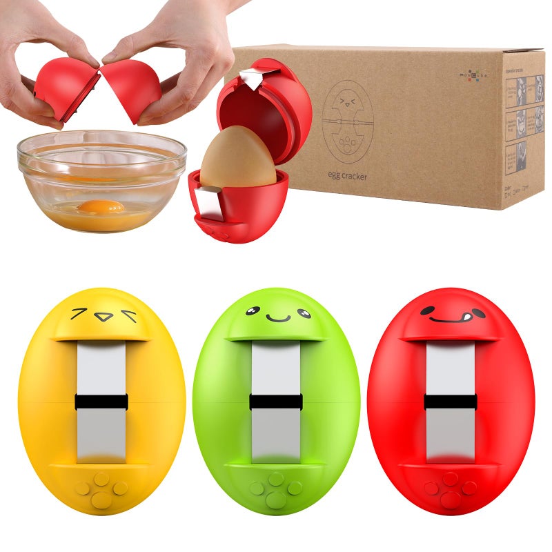 PowCube Egg Cracker, Silicone Egg Shell Opener, Cute Egg Shaped Design, Opens Eggs with Ease, A Little Happiness Boost for Your Kitchen. (3-Packâ€“Green, Red, Yellow) - Image 1