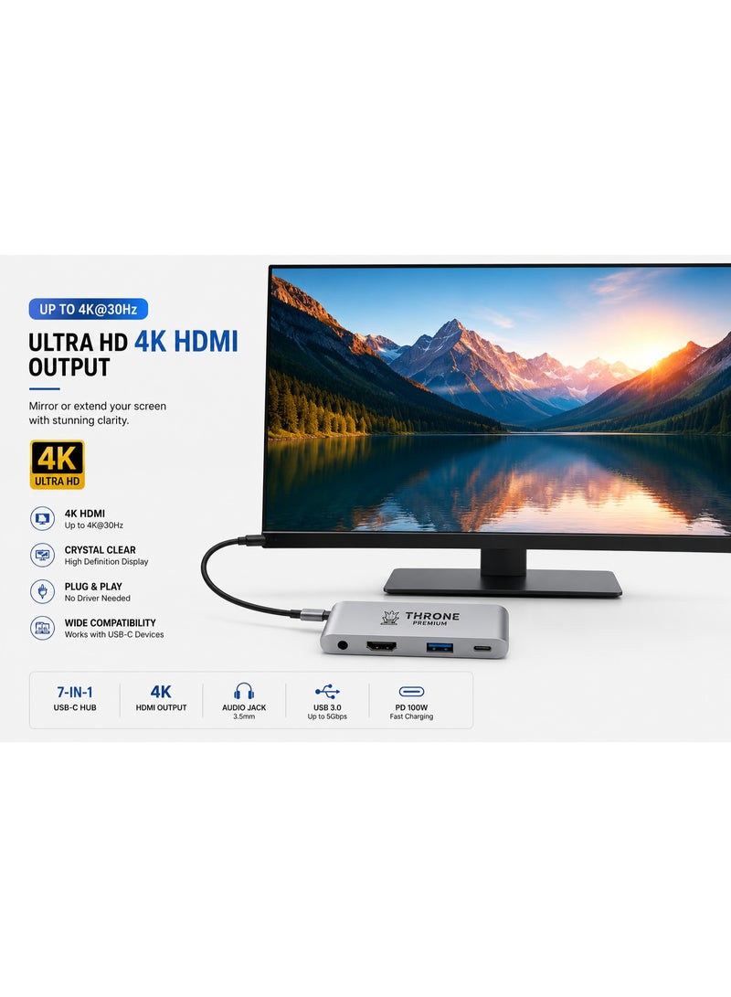 عرش بريميوم موزع ثرون بريميوم 7 في 1 USB-C مزود بمنفذ HDMI بدقة 4K، ومنفذ USB 3.0، وشحن PD، ومنفذ صوت 3.5 ملم، ومحول متعدد المنافذ متوافق مع أجهزة ماك بوك، وأجهزة الكمبيوتر المحمولة التي تعمل بنظام ويندوز، وأجهزة آيباد برو، وهواتف سامسونج جالاكسي، وأجهزة USB-C. - Image 5