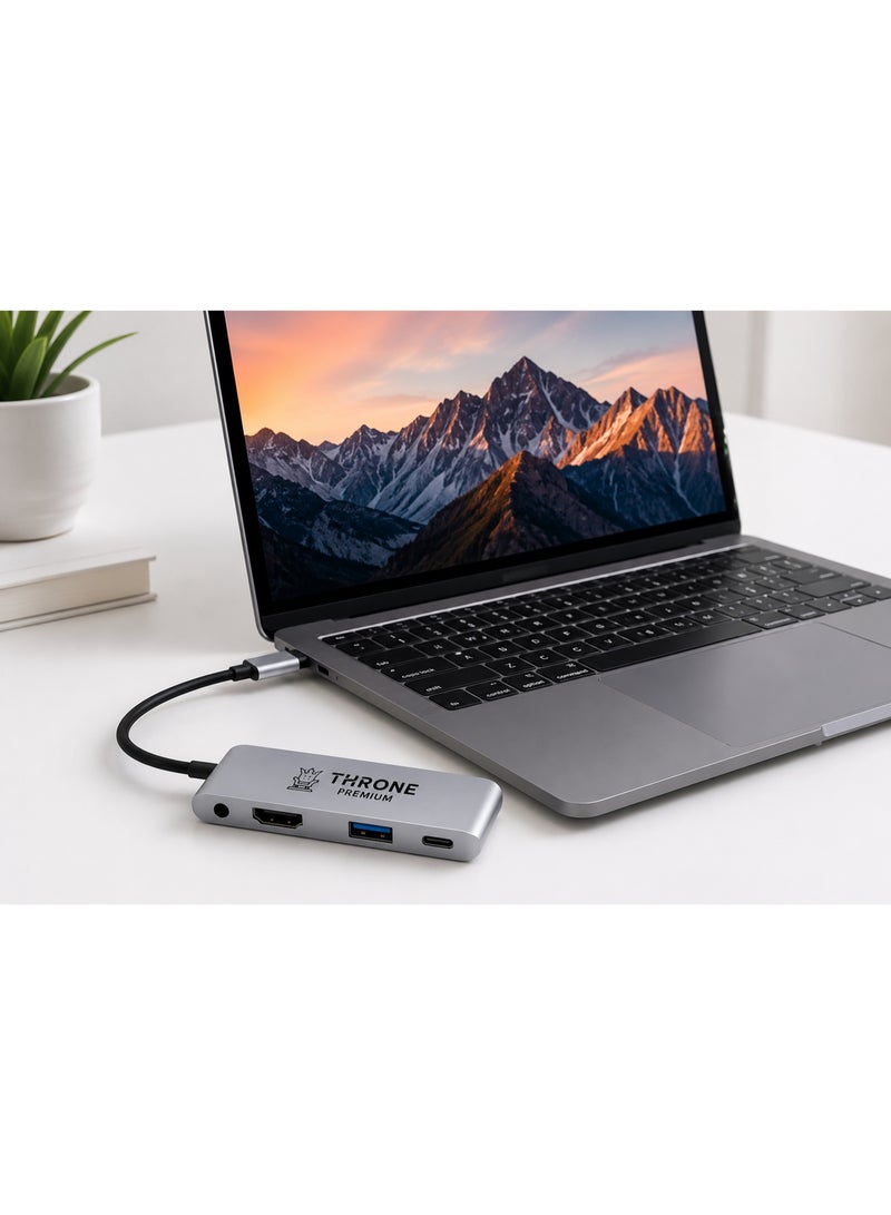 عرش بريميوم موزع ثرون بريميوم 7 في 1 USB-C مزود بمنفذ HDMI بدقة 4K، ومنفذ USB 3.0، وشحن PD، ومنفذ صوت 3.5 ملم، ومحول متعدد المنافذ متوافق مع أجهزة ماك بوك، وأجهزة الكمبيوتر المحمولة التي تعمل بنظام ويندوز، وأجهزة آيباد برو، وهواتف سامسونج جالاكسي، وأجهزة USB-C. - Image 3