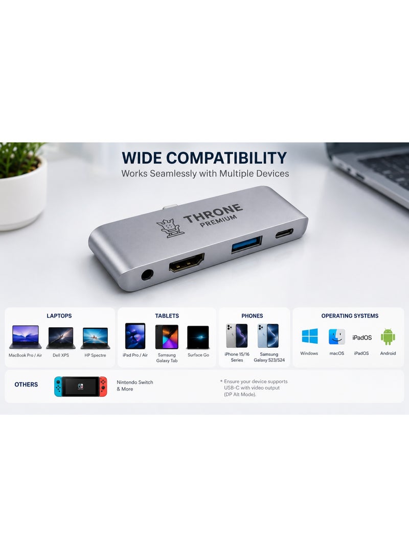 عرش بريميوم موزع ثرون بريميوم 7 في 1 USB-C مزود بمنفذ HDMI بدقة 4K، ومنفذ USB 3.0، وشحن PD، ومنفذ صوت 3.5 ملم، ومحول متعدد المنافذ متوافق مع أجهزة ماك بوك، وأجهزة الكمبيوتر المحمولة التي تعمل بنظام ويندوز، وأجهزة آيباد برو، وهواتف سامسونج جالاكسي، وأجهزة USB-C. - Image 2