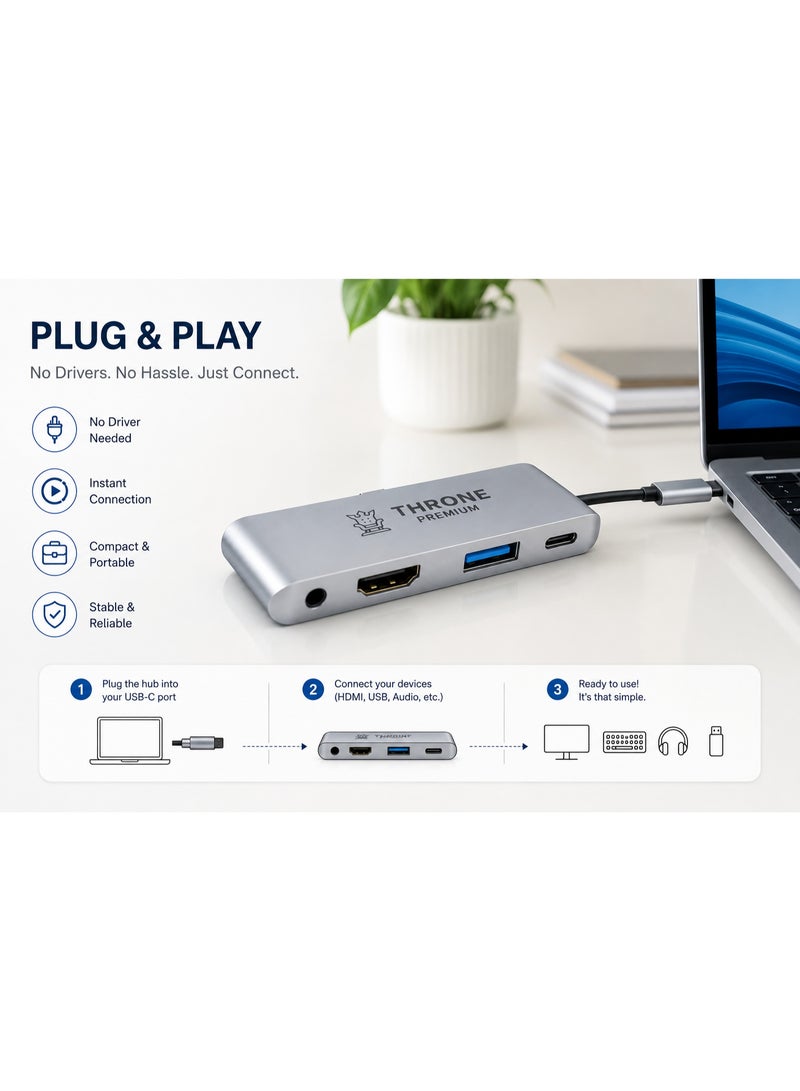 عرش بريميوم موزع ثرون بريميوم 7 في 1 USB-C مزود بمنفذ HDMI بدقة 4K، ومنفذ USB 3.0، وشحن PD، ومنفذ صوت 3.5 ملم، ومحول متعدد المنافذ متوافق مع أجهزة ماك بوك، وأجهزة الكمبيوتر المحمولة التي تعمل بنظام ويندوز، وأجهزة آيباد برو، وهواتف سامسونج جالاكسي، وأجهزة USB-C. - Image 4