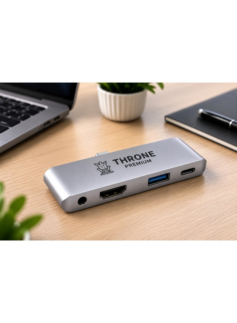 عرش بريميوم موزع ثرون بريميوم 7 في 1 USB-C مزود بمنفذ HDMI بدقة 4K، ومنفذ USB 3.0، وشحن PD، ومنفذ صوت 3.5 ملم، ومحول متعدد المنافذ متوافق مع أجهزة ماك بوك، وأجهزة الكمبيوتر المحمولة التي تعمل بنظام ويندوز، وأجهزة آيباد برو، وهواتف سامسونج جالاكسي، وأجهزة USB-C. - Image 1