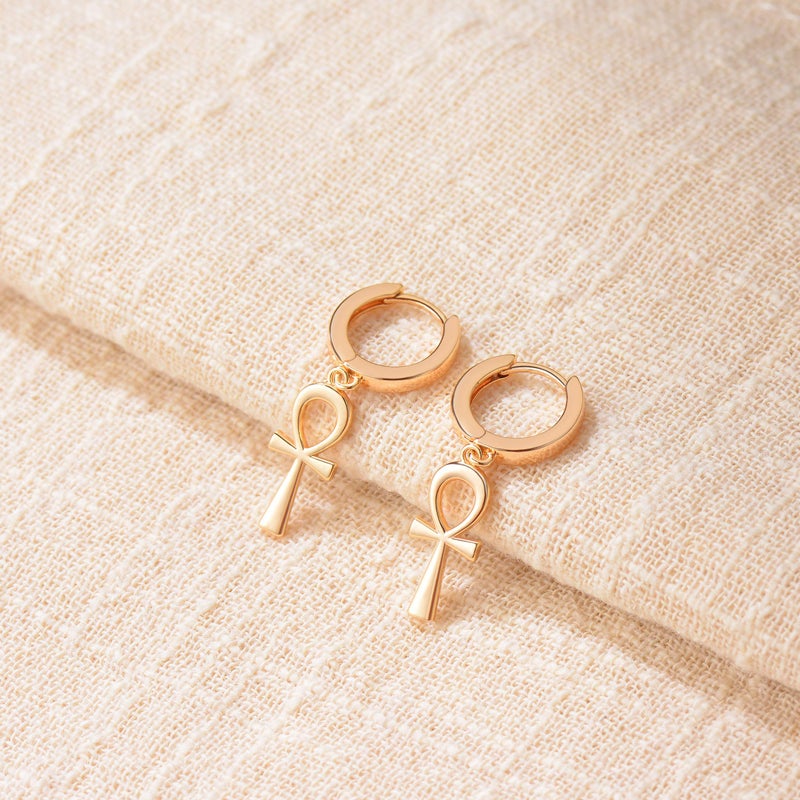 VACRONA Gold Ankh Hoop Earrings Huggie Earrings for Women 14k Gold Plated Small Ankh Dangle Drop Earrings - Image 5