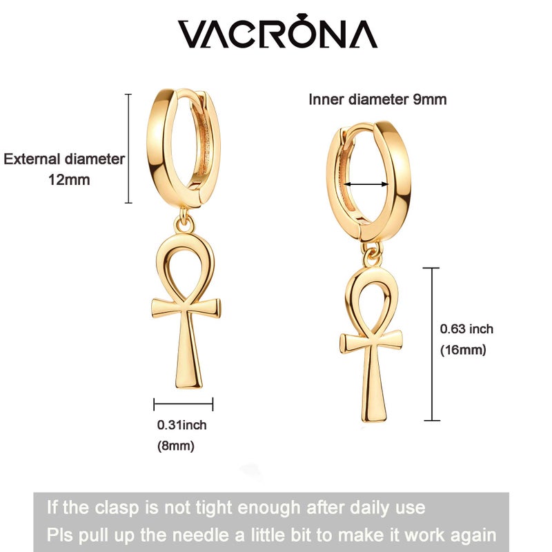 VACRONA Gold Ankh Hoop Earrings Huggie Earrings for Women 14k Gold Plated Small Ankh Dangle Drop Earrings - Image 4