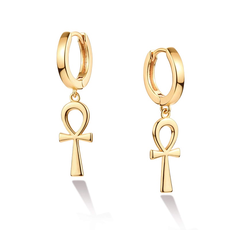 VACRONA Gold Ankh Hoop Earrings Huggie Earrings for Women 14k Gold Plated Small Ankh Dangle Drop Earrings - Image 1