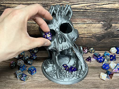 MunnyGrubbers - 6.5" Skull Dice Tower - (Random 7PCS D20 Dice Set Included) - No Paint Odorless Plastic - Tabletop Roleplaying Game - Dice Roller - Dungeons and Dragons - DND - D&D - (Silver) - Image 2