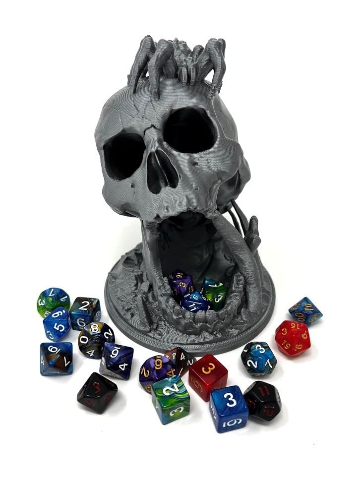 MunnyGrubbers - 6.5" Skull Dice Tower - (Random 7PCS D20 Dice Set Included) - No Paint Odorless Plastic - Tabletop Roleplaying Game - Dice Roller - Dungeons and Dragons - DND - D&D - (Silver) - Image 1
