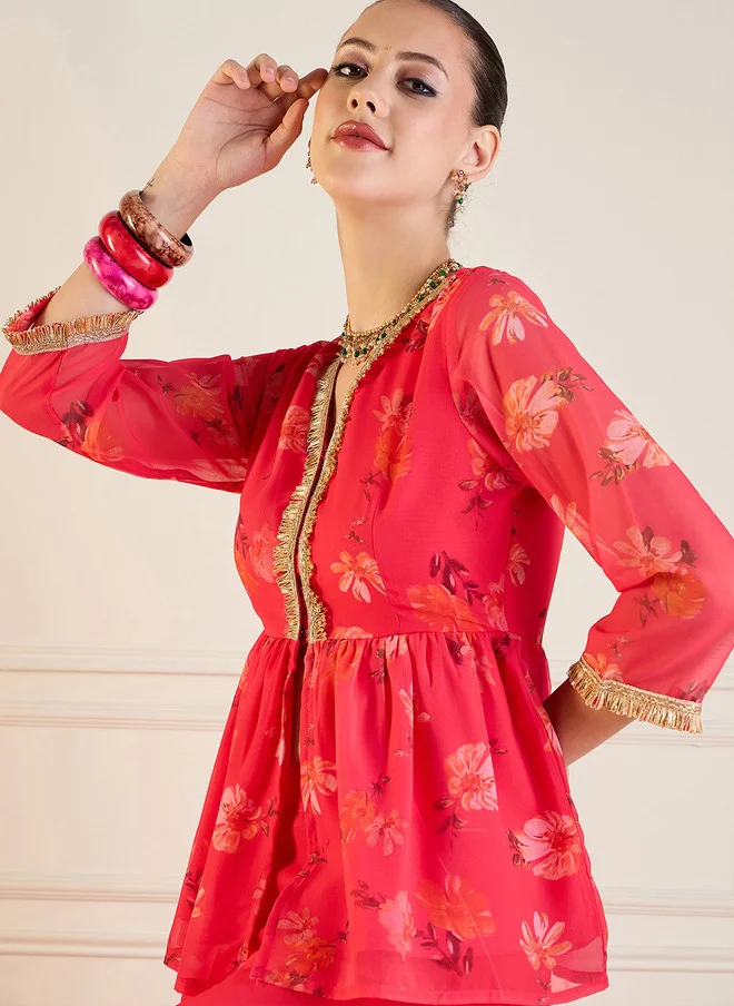 ساسافراس طقم نسائي بلوزة مطبوعة وبنطلون بالازو باللون الفوشيا