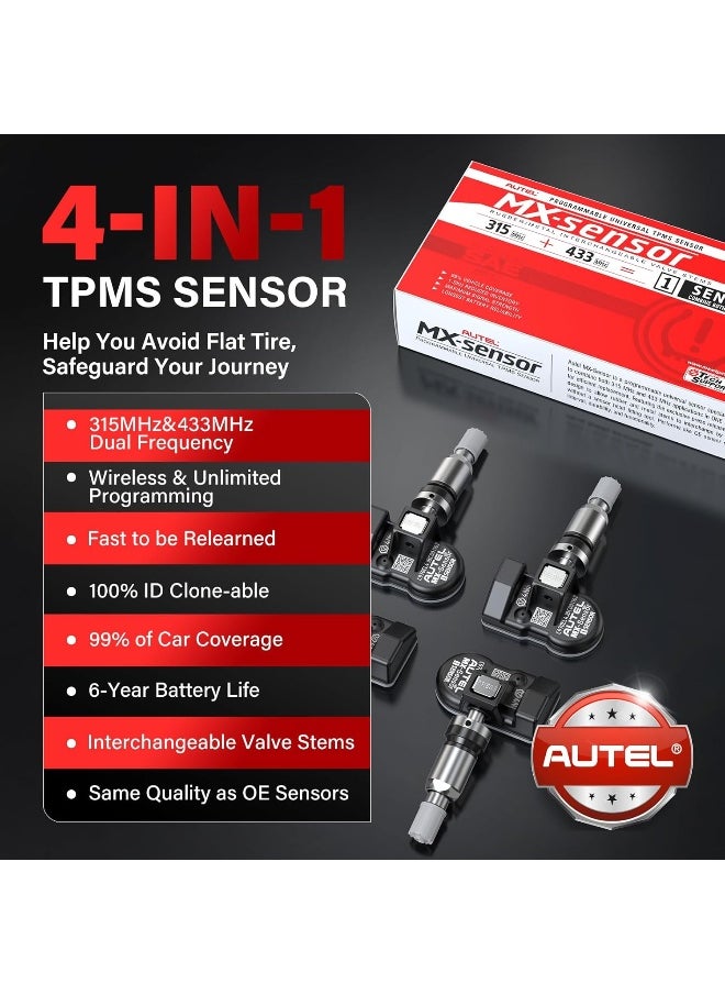 Autel Autel TPMS Sensor Set of 4, MX-Sensor 2in 1 Dual Frequency 315MHz + 433MHz Press-in OE-Level Universal TPMS Sensors Programmable by Autel TPMS Tool Compatible with TS408S TS508WF TS601 (Metal Valves)  - Image 2