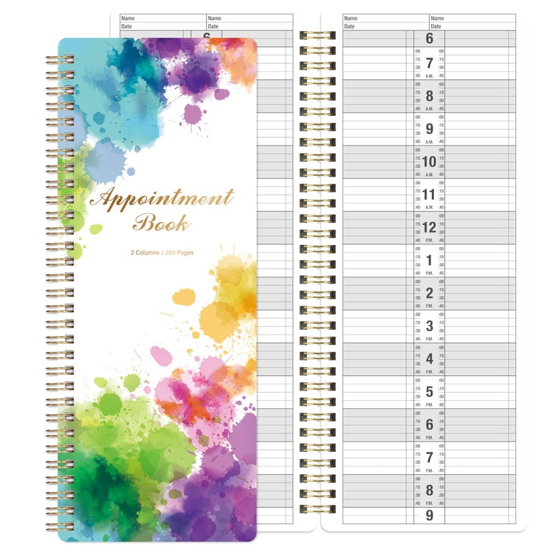 MaaIbok Appointment Book - Salon Appointment Book, 11.5" x 4.7", Hourly Planner, 2 Columns, Undated, 6 AM - 9 PM, Spiral Bound, 200 Pages, Colorful - Image 1