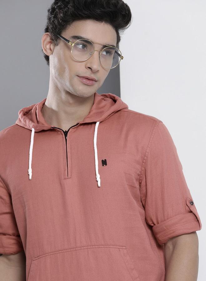 The Indian Garage Co Men Pink Hooded Shirt with Quarter Zip - Image 3