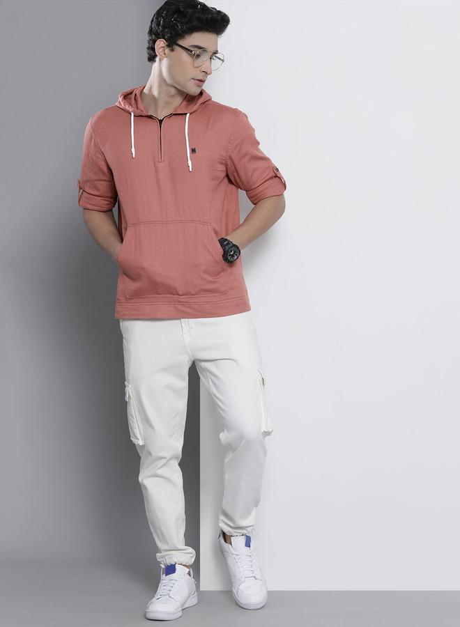 The Indian Garage Co Men Pink Hooded Shirt with Quarter Zip - Image 1