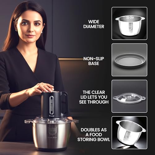 Rico 3 Litre Electric Chopper with Stainless Steel Bowl | 300W Motor | 3 Speed Modes | 4 Stainless Steel Blades | Vegetable & Onion Cutter with Garlic Peeler & Whipper - Image 3