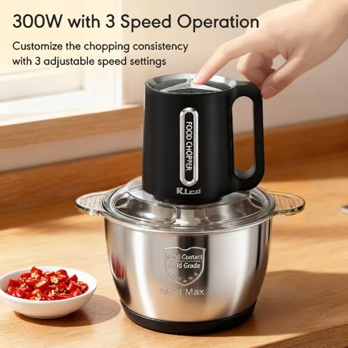 Rico 3 Litre Electric Chopper with Stainless Steel Bowl | 300W Motor | 3 Speed Modes | 4 Stainless Steel Blades | Vegetable & Onion Cutter with Garlic Peeler & Whipper - Image 5