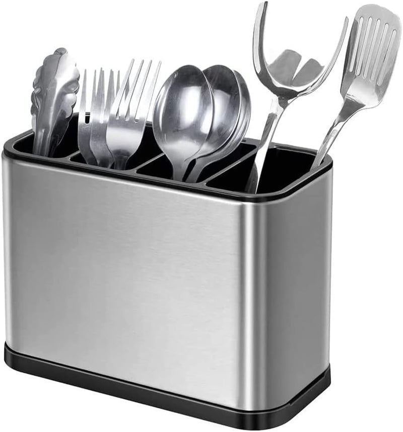 KRUPAVI Stainless Steel Kitchen Utensil Holder for Countertop Spoon Spatula Organizer 4 Compartments Storage Cooking Caddy Cutlery Holder for Kitchen Large Capacity Flatware Spoon Spatula Fork - Image 1
