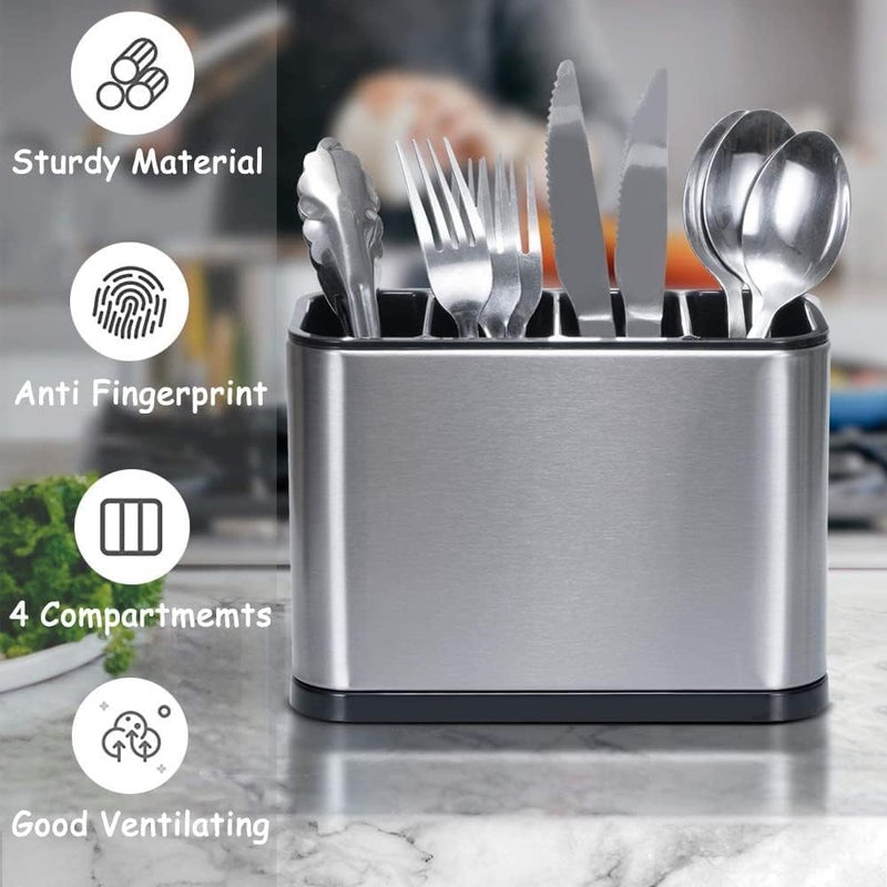 KRUPAVI Stainless Steel Kitchen Utensil Holder for Countertop Spoon Spatula Organizer 4 Compartments Storage Cooking Caddy Cutlery Holder for Kitchen Large Capacity Flatware Spoon Spatula Fork - Image 5