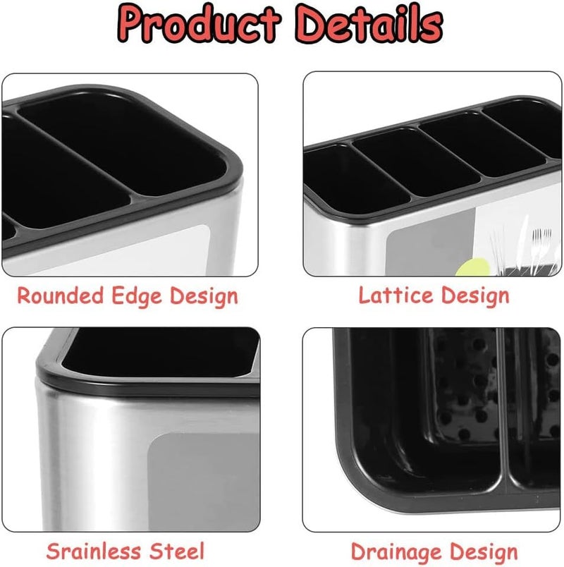 KRUPAVI Stainless Steel Kitchen Utensil Holder for Countertop Spoon Spatula Organizer 4 Compartments Storage Cooking Caddy Cutlery Holder for Kitchen Large Capacity Flatware Spoon Spatula Fork - Image 3