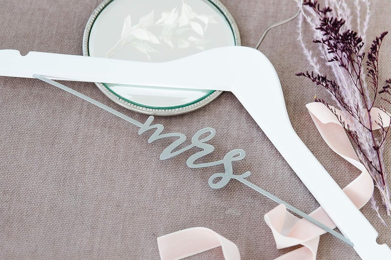 pearhead Mrs. Wedding Dress Hanger – Elegant Wooden Bridal Keepsake with Cursive Wire Lettering, Perfect Photo Prop and Gift for Bride, White and Silver - Image 4