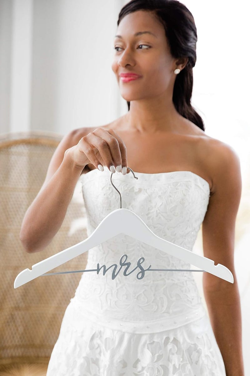 pearhead Mrs. Wedding Dress Hanger – Elegant Wooden Bridal Keepsake with Cursive Wire Lettering, Perfect Photo Prop and Gift for Bride, White and Silver - Image 3