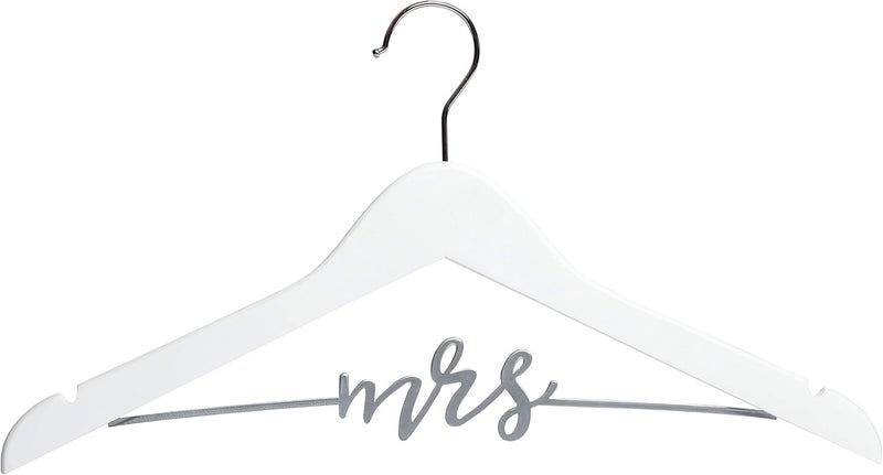 pearhead Mrs. Wedding Dress Hanger – Elegant Wooden Bridal Keepsake with Cursive Wire Lettering, Perfect Photo Prop and Gift for Bride, White and Silver - Image 1