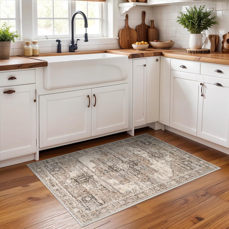 RUUGME Washable 2x3 Area Rugs - Large Boho Rugs for Living Room Stain Resistant Carpet Vintage Tribal Rugs for Bedroom Kitchen Bathroom with Non Slip Backing Home Decor Floor Decoration Mat 2x3 Beige - Image 2