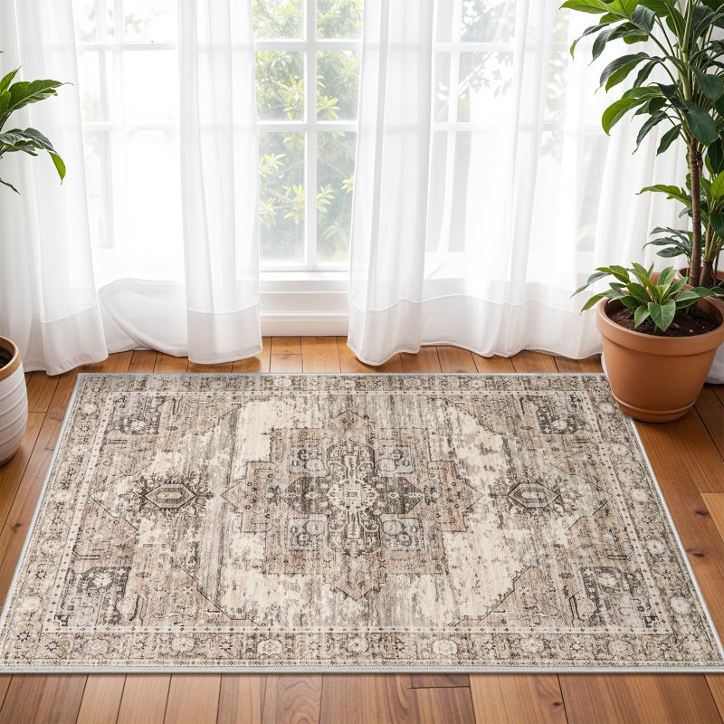 RUUGME Washable 2x3 Area Rugs - Large Boho Rugs for Living Room Stain Resistant Carpet Vintage Tribal Rugs for Bedroom Kitchen Bathroom with Non Slip Backing Home Decor Floor Decoration Mat 2x3 Beige - Image 3