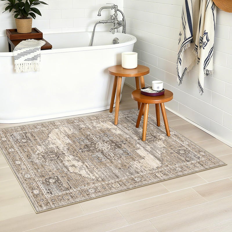 RUUGME Washable 2x3 Area Rugs - Large Boho Rugs for Living Room Stain Resistant Carpet Vintage Tribal Rugs for Bedroom Kitchen Bathroom with Non Slip Backing Home Decor Floor Decoration Mat 2x3 Beige - Image 5