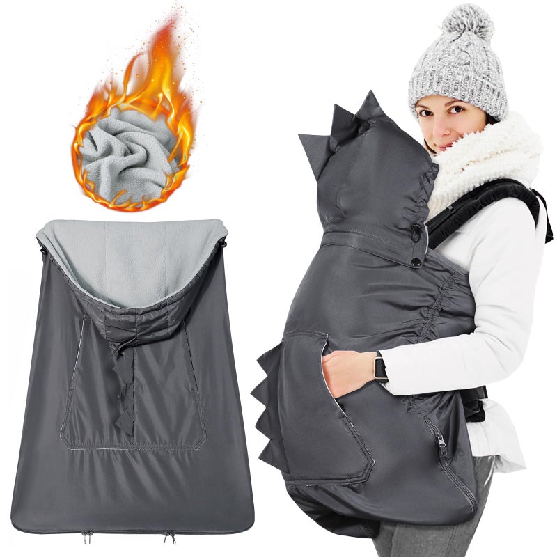 Orzbow Baby Winter Carrier Cover with Detachable Hood Waterproof Windproof with Big Pockets Universal for Baby Carriers and Baby Waist Stoolwith Storage Bag Dark Grey Dinosaur