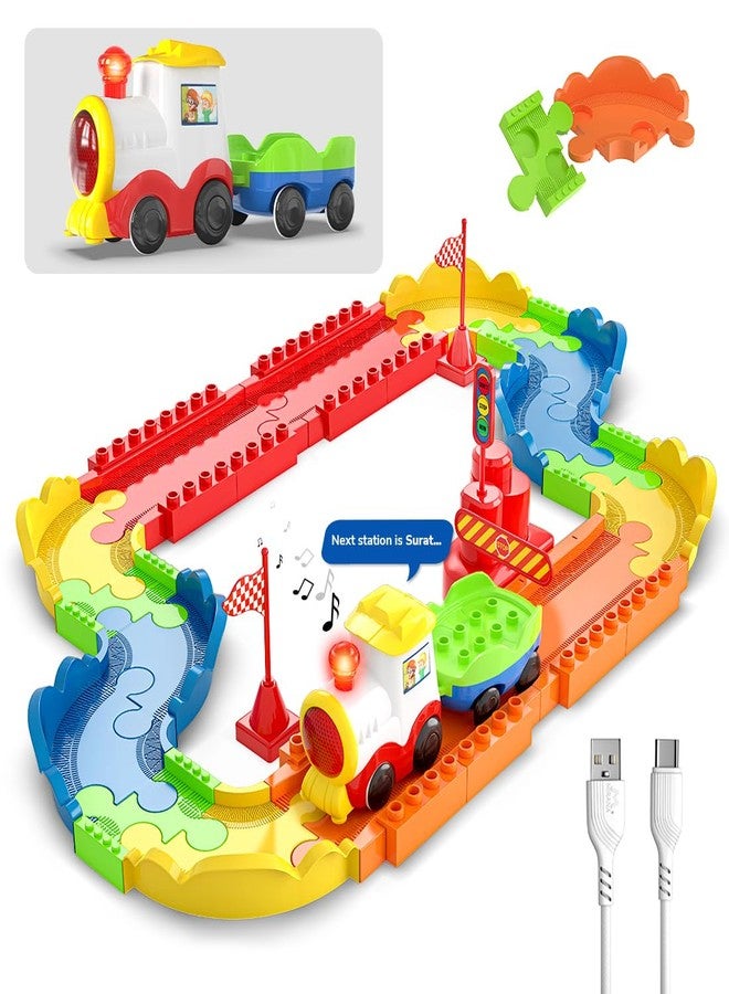 Mirana Block Rider Toy Train Set with Colorful & Multiple Track Layout, USB Rechargeable Type-C Engine, Various Sound Modes - Vande Bharat, Rajdhani, Delhi Metro, Kids 2-8 Years (Basic - 47 Pcs) - Image 1