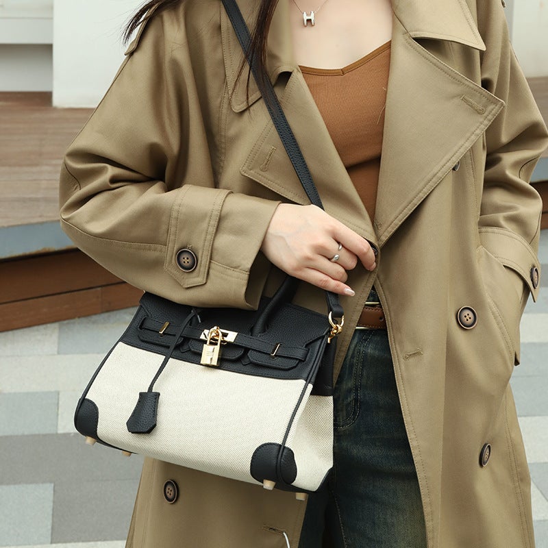 2025 New Bag Popular Cowhide Canvas and Leather Bag Women's Texture Stylish Handbag Single Shoulder Underarm Small Square Bag - Image 2