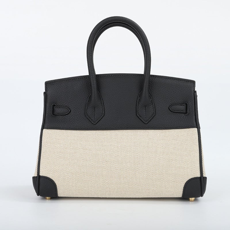 2025 New Bag Popular Cowhide Canvas and Leather Bag Women's Texture Stylish Handbag Single Shoulder Underarm Small Square Bag - Image 4
