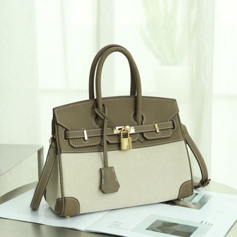 2025 New Bag Popular Cowhide Canvas and Leather Bag Women's Texture Stylish Handbag Single Shoulder Underarm Small Square Bag - Image 1