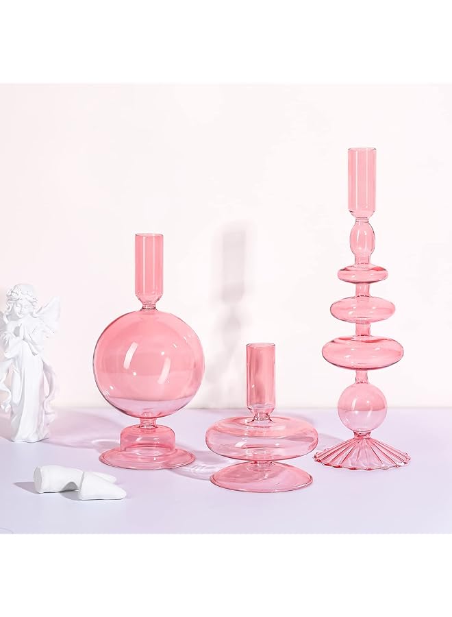 The Bros 3 Pcs Glass Candlestick Holders Glass Taper Candle Holders Groovy Candlestick Wavy Elegant Glass Candlestick for Home Party Centerpiece(Pink) - Image 1