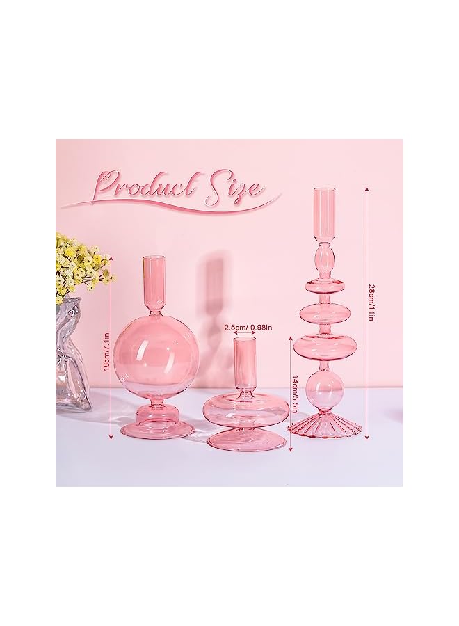 The Bros 3 Pcs Glass Candlestick Holders Glass Taper Candle Holders Groovy Candlestick Wavy Elegant Glass Candlestick for Home Party Centerpiece(Pink) - Image 2