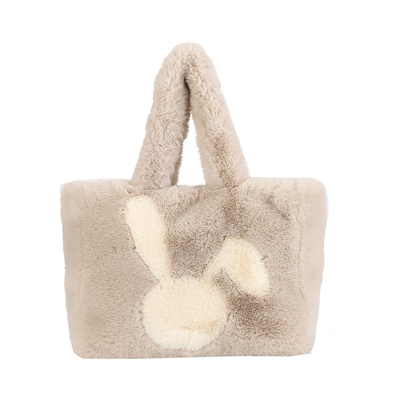 Plush Bag Travel Rabbit Pattern Furry 2024 Commuter Tote Large Capacity Plush Tote Bag - Image 1