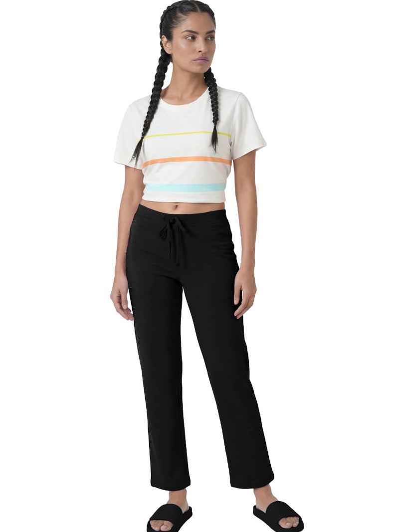 Enamor Essentials Womens Mid Rise Slim Fit Straight Leg Breathable Stretch Cotton Lounge Pants with Drawstring and Invisible Zipper Pockets- E014-(E014_Jet Black_M) - Image 1