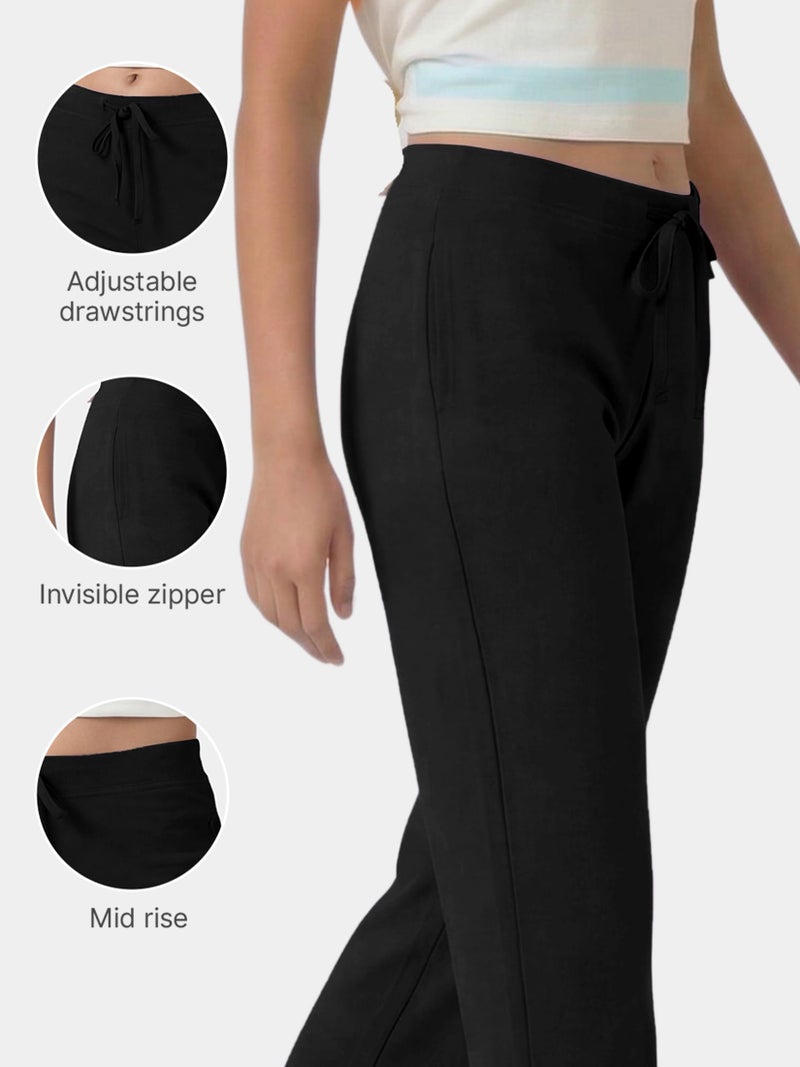 Enamor Essentials Womens Mid Rise Slim Fit Straight Leg Breathable Stretch Cotton Lounge Pants with Drawstring and Invisible Zipper Pockets- E014-(E014_Jet Black_M) - Image 4