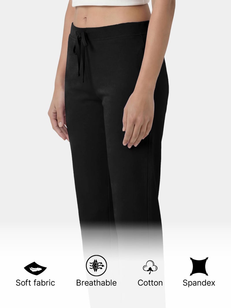 Enamor Essentials Womens Mid Rise Slim Fit Straight Leg Breathable Stretch Cotton Lounge Pants with Drawstring and Invisible Zipper Pockets- E014-(E014_Jet Black_M) - Image 5