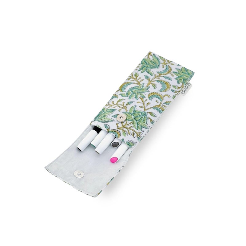 Ekatra Sustainable Pen Case Organizer with Elastic Band | Fabric Pen Sleeve for Notebook Journal | Protective Pen Pouch for Stylus Marker Pencil | Handcrafted Stationery Holder – Green Floral - Image 1