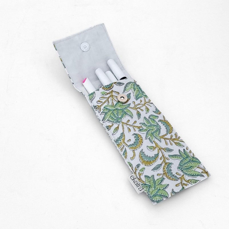 Ekatra Sustainable Pen Case Organizer with Elastic Band | Fabric Pen Sleeve for Notebook Journal | Protective Pen Pouch for Stylus Marker Pencil | Handcrafted Stationery Holder – Green Floral - Image 2