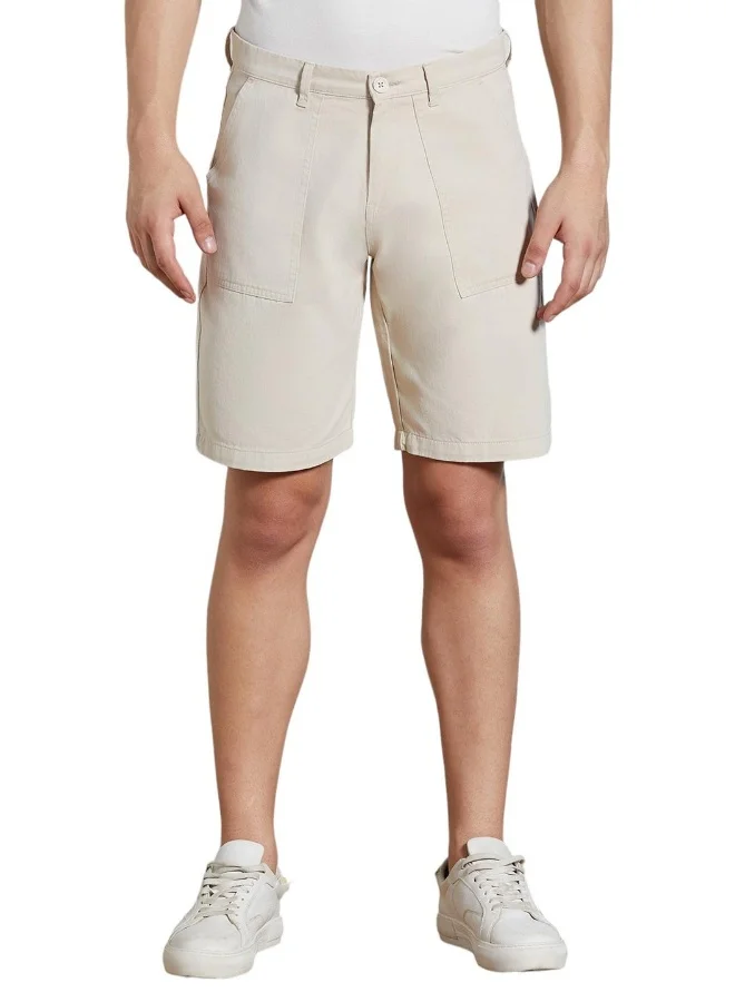 دينيس لينغو Men's Cream 100% Cotton Solid Pattern Above Knee Length Casual Relaxed Shorts
