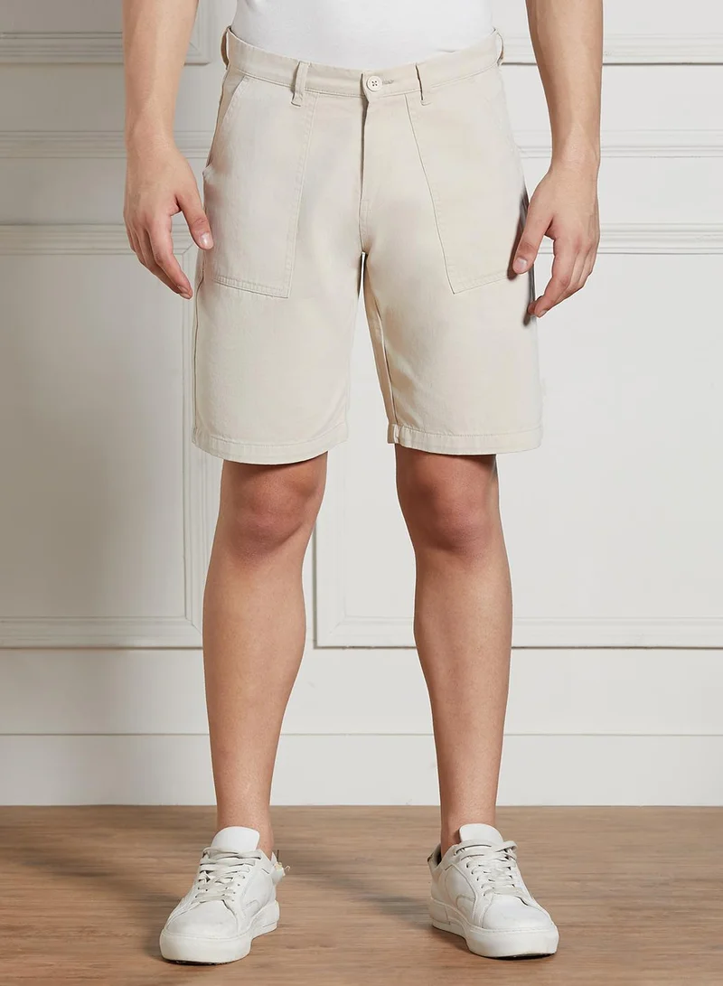 دينيس لينغو Men's Cream 100% Cotton Solid Pattern Above Knee Length Casual Relaxed Shorts