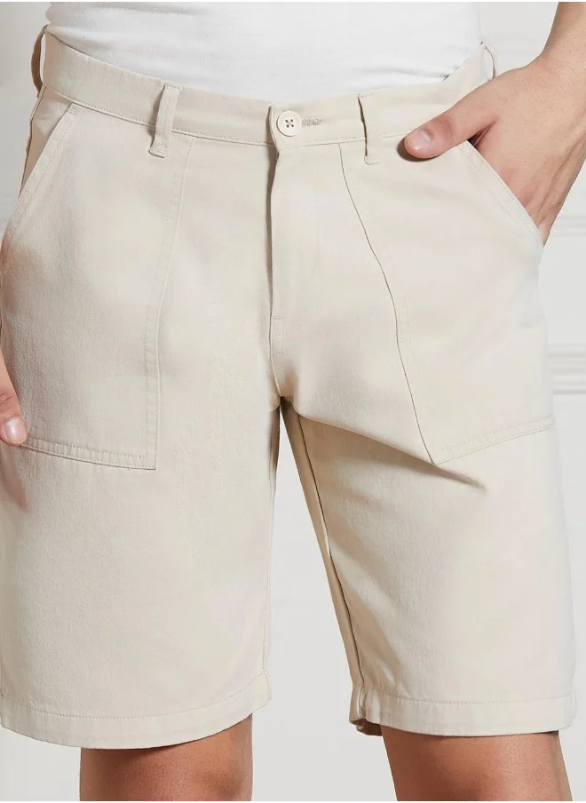 دينيس لينغو Cream Relaxed Fit Solid Shorts for Men - 100% Cotton, Above Knee Length, Button & Zip, Casual