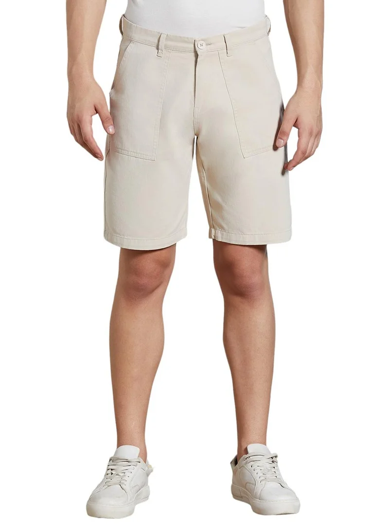 دينيس لينغو Men's Cream 100% Cotton Solid Pattern Above Knee Length Casual Relaxed Shorts