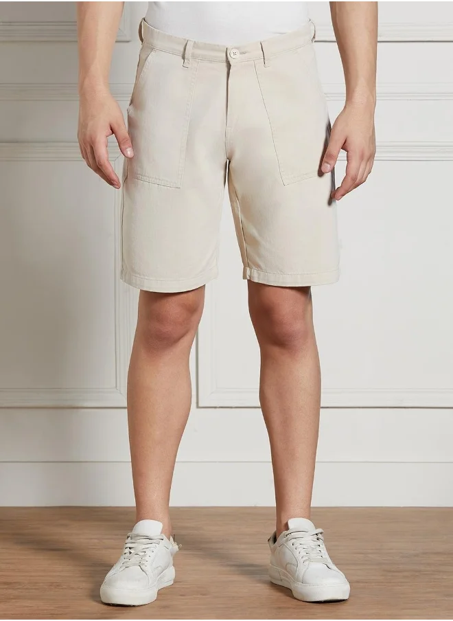 دينيس لينغو Cream Relaxed Fit Solid Shorts for Men - 100% Cotton, Above Knee Length, Button & Zip, Casual