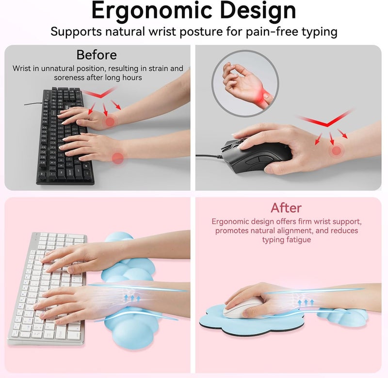 Sushret Cloud Wrist Rest for Computer Keyboard, 4-in-1 Memory Foam Leather Cloud Keyboard Wrist Rest and Mouse Pad Set with Ergonomic Support for Arm and Palm Cushion, Gaming/Work Setup, Blue - Image 3