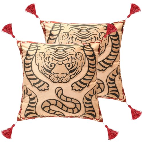 patdrea Designer Chinoiserie Throw Pillow Covers 18x18 Inch Pack of 2Vintage Festive Red Velvet with Cartoon Tiger PatternDecorative Square Pillowcases Cushion for Bed Living Room Outdoor Car - Image 1