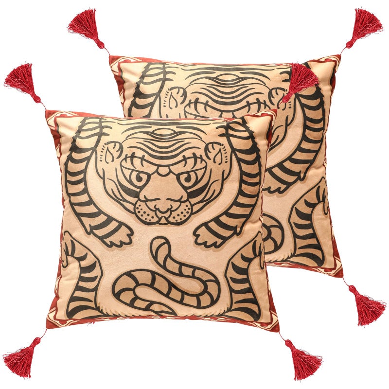 patdrea Designer Chinoiserie Throw Pillow Covers 18x18 Inch Pack of 2Vintage Festive Red Velvet with Cartoon Tiger PatternDecorative Square Pillowcases Cushion for Bed Living Room Outdoor Car - Image 2