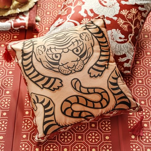 patdrea Designer Chinoiserie Throw Pillow Covers 18x18 Inch Pack of 2Vintage Festive Red Velvet with Cartoon Tiger PatternDecorative Square Pillowcases Cushion for Bed Living Room Outdoor Car - Image 3